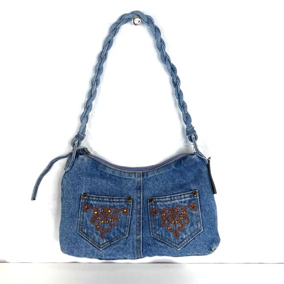 Decoded NWT Denim Purse Bag Braided Handle Embellished Pockets Jean Purse - Picture 1 of 10